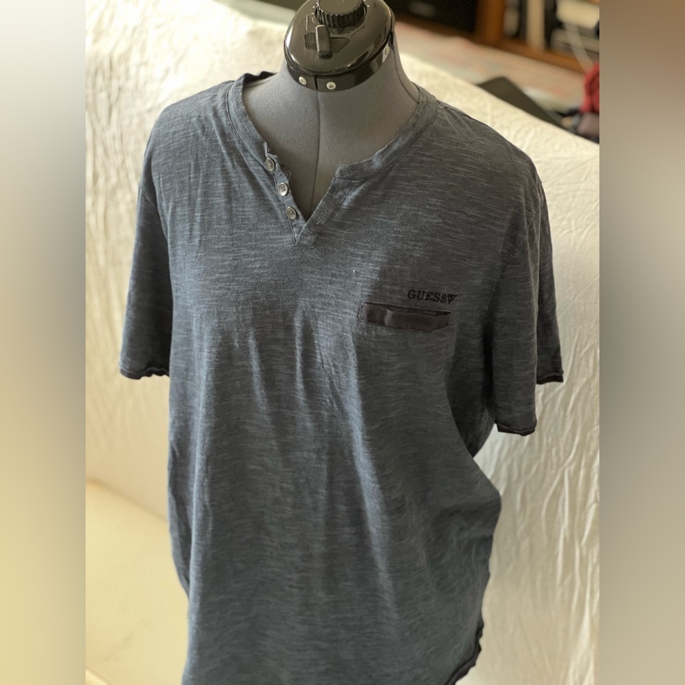 GUESS Heathered Navy Button-Collar Tee Shirt